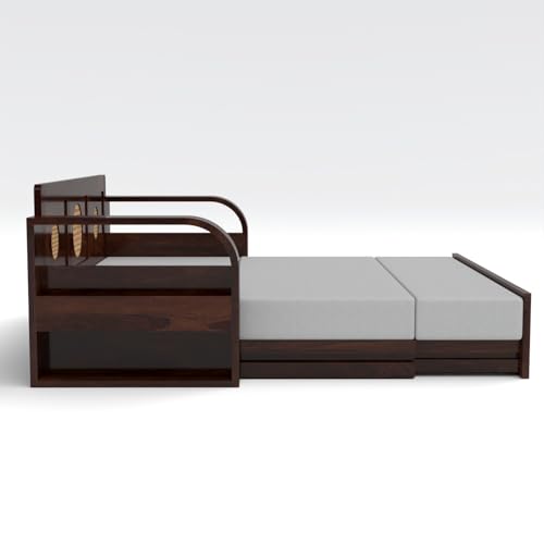Image of Kunjal Furniture Solid Sheesham Wood Sofa Cum Bed with Storage for Living Room | Natural Finish | 3-Seater Convertible Sofa Bed | Handmade Wooden Furniture (Walnut, Round Cane)