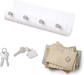 Modern Plastic Key Holder with 4 Key Hooks Wall-Mounted Key Holder Self-Adhesive Key Rack for Storing Keys Letter Mail (White)