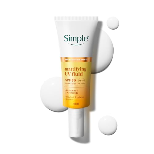 Image of Simple Mattifying UV Fluid |SPF 50 PA++++ | With Niacinamide & GlutaAmino Technology| Sunscreen for Oily Skin & Dark Spots |Ultra Lightweight & Non-Sticky | UVA UVB & Bluelight protection | 40ml