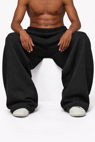 Image of JUGULAR Men's Baggy Barrel Wide Leg Loose Fit Streetwear Track Pants, Black, Pure Cotton, Elastic Waistband, Side Pockets