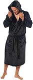 MICHAEL PAUL Dressing Gowns for Men | Super Soft Luxury Hooded Dressing Gown | Men's Warm and Cozy Fleece Nightwear Robe | Gifts for Men XL BLACK