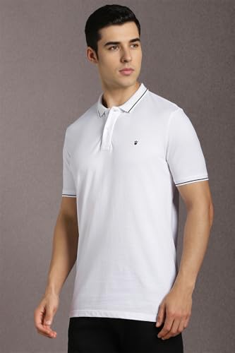 Image of Louis Philippe Men's Slim Fit Single-Tuck Pique Stylized Sleeve Print and Contrast Tipping Half Sleeve Solid Polo Tshirt