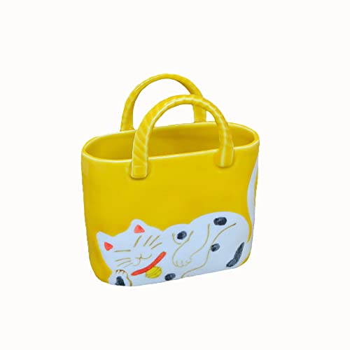 しゃもじ立て 有田焼 波佐見焼 招き猫しゃもじ立て(黄色)トートバック型 便利 ネコ 猫柄|和食器 陶器 三階菱