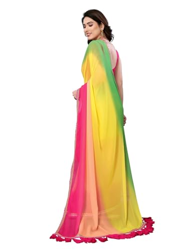 Image of RAJESHWAR FASHION WITH RF Women's Fancy Desian Ombre Georgette Saree For Women With Latkan Tassels Lace Border & Unstitched Blouse