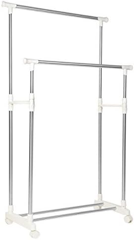 Adjustable Double Rod Clothes Garment Rack for Hanging Clothes Stainless Steel Rolling Clothes Drying Rack for Laundry