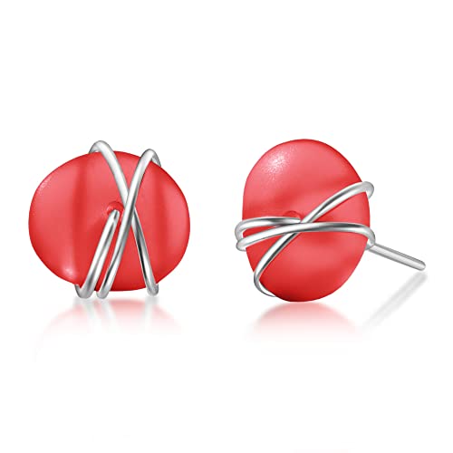 Sea Glass Earrings S990 Sterling Silver Hypoallergenic Handmade Stud Post Earrings Beach Glass Fashion Statement Handcraft Jewelry for Women Girls (L, Red)