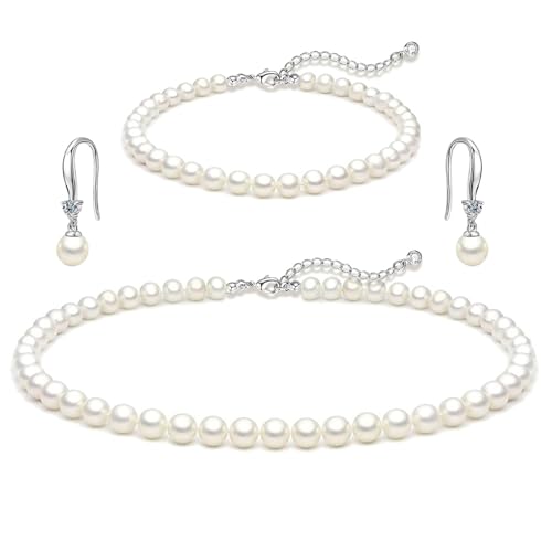 Image of Zeffy Gold Pearl Necklace for Women, Dainty 14K Gold /Silve Plated Layered Pearl Choker Pearl Earrings Pearl Bracelets Wedding Trendy Gold Jewelry Set for Women Gifts