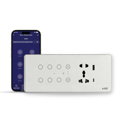 Image of AZIOT Smart Premium Toughened Glass Touch Switch Panel | Elevate 8 Module (6 Switch + Fan + Socket) | WiFi + BLE | No Hub Required | Compatible with Alexa, Google Assistant & Siri | White