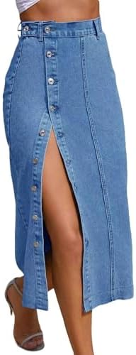 Women's Casual Split Denim Midi Jean Skirt Stretch High Waisted B...