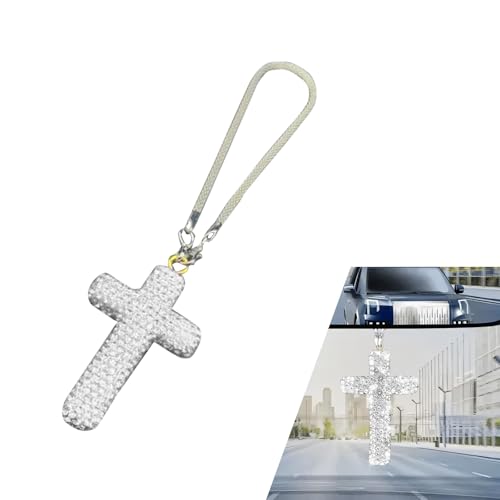 Ferianl Cross for Car Mirror Hanging, Bling Crystal Rhinestone Cross Rear View Mirror Accessories, Shiny Cars Pendant Charm, Religious Rearview Mirrors Decoration, Auto Interior Accessories (Silver)