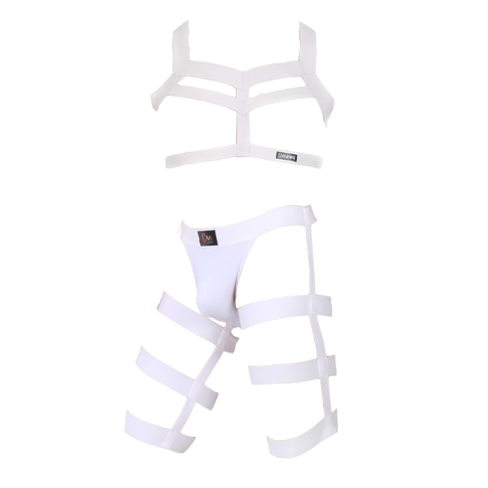 Jpxjgt Men's White Half Body Chest Harness Jockstrap Nylon Lingerie Set Bodysuit Gay Leotard Prom Show Thong(Size:one Size,Color:white)