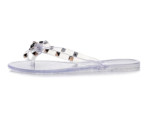 Image of Studded Jelly Shoes for Womens Bow Flip Flops Jellies Sandals Flat Black Summer Beach Thong with Rivets Strappy Slides Slip On