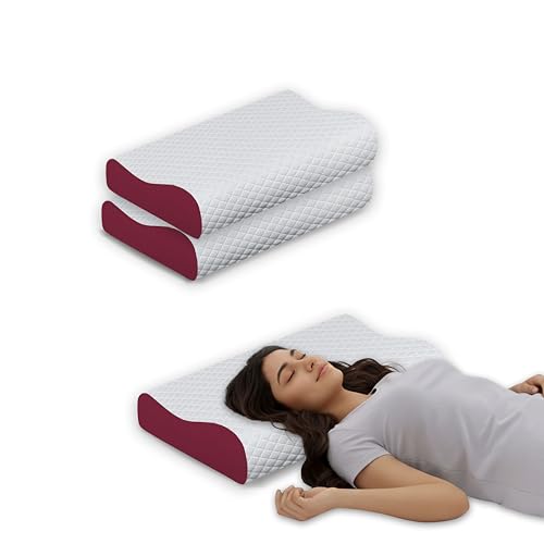 Image of Cervical Contour Pillow Set of 2, Memory Foam Neck Support for Sleeping, Orthopedic Bed Cushion for Side Back Sleepers, Shoulder Relief, Maroon, 48 x 30 cm Size, Daily Sleep Support