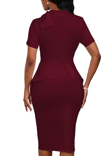 Image of PerZeal Women's Fashion Peplum Bodycon Short Sleeve Work Dresses Bow Club Ruffle Pencil Formal Cocktail Dress