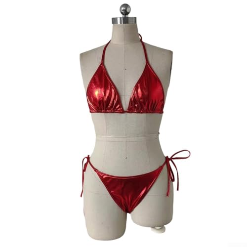 Conjunto de bikini para mujer, paquete de traje de baño de dos piezas, traje de baño de charol con lazo, traje de baño de color brillante para fiesta en la playa, club, vacaciones (M rojo)
