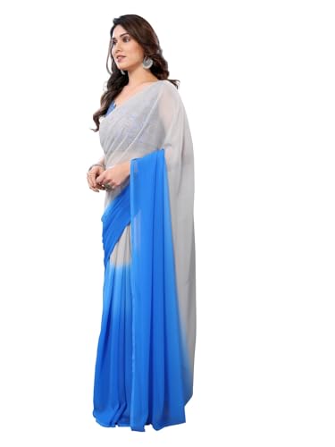 Image of RAJESHWAR FASHION WITH RF Ombre Plain Georgette Sarees For Women /College Girls Farewell With Digital Print Blouse