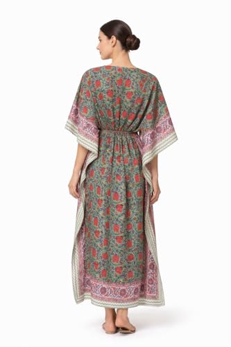 Image of Hand Block Printed Pure Cotton Kaftan for Women, Free Size Relaxed Fit Maxi, Lounge, Nightwear, Beach Cover-Up, Handmade Ethnic Boho Kaftan Dress V-Neck
