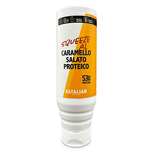 EATALIAN by AMZ BETTER Sirope Proteicocon Sabor a Caramelo Salado, Crema Dulce Proteica en Squeezer de 300 gr, Made in Italy, Topping de Caramelo Salado para Decorar Heldos, Dulces y Tartas