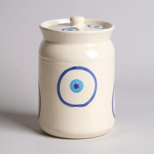 Image of Evil Eye-Shaped Ceramic Storage Jar Set - 2 x 2 KG (2000 ml) - Martban Pickle Container - Kitchen Storage for Pickle, Chutneys and Sauces - Durable, and Easy to Clean (Pack of 2) (Evil Eye)