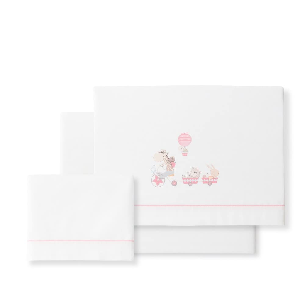 Interbaby JIRAFA BICICLETA Sheet Set for Baby Cot in White Pink · 100% Cotton · 3-Piece Bedding Set for Baby Cradle