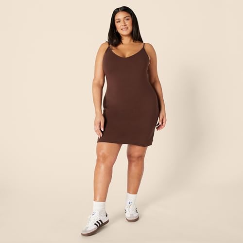 Image of Amazon Essentials Women's V Neck Slim Fit Cotton Layering Slip Dress with Adjustable Elastic Cami Straps