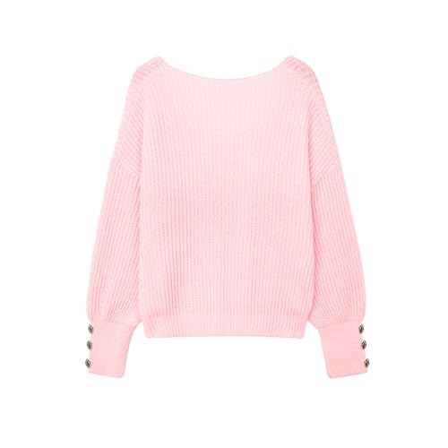 Women's Oversized V Neck Sweaters Fall 2025 Dressy Casual Lightweight Ribbed Knit Pullover with Decorative Buttons2