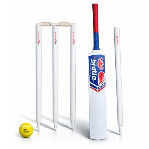 Bratla Complete Wooden Cricket Kit – Training Cricket Set with Bat, Tennis Ball, Stumps, Bail & Carry Bag – Available in Youth and Adult Sizes (Size 4)