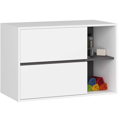 AKORD Hängender Waschbeckenunterschrank VAMI 90 cm - 2 Schubladen - Waschtischunterschrank für Aufsatzwaschbecken, Offene Fächer - Badezimmer Schrank - B90xH60xT45,5 cm - Weiß & Graphitgrau