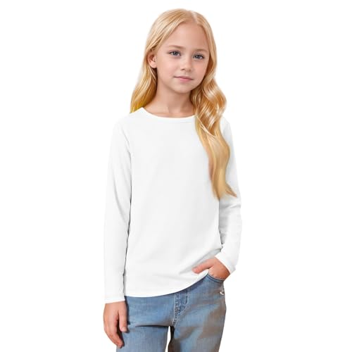 Girls Long Sleeve T-Shirt Crew Neck Casual Solid Color Soft Tee for Kids Comfortable Fall Top, Ages 3-14 Years3