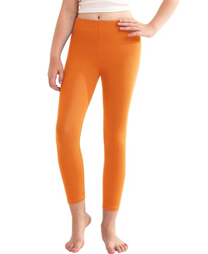 QooNoo Girls Leggings Cotton Leggings for Kids Toddler Stretchy Full Length Tights Pants 4-16 Years(Orange Small)