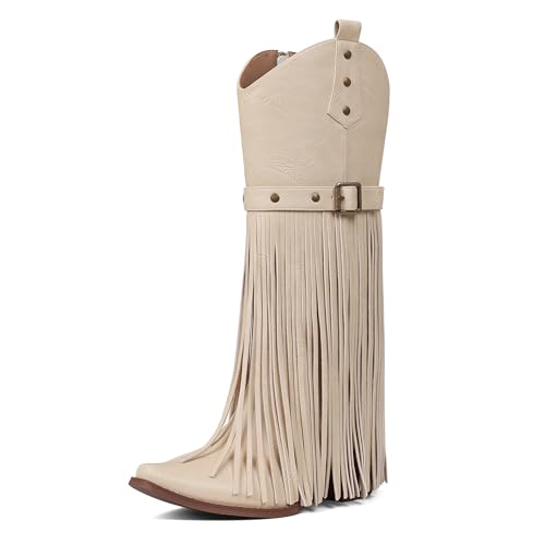 Image of Cowgirl Boots for Women Retro Pointed Toe Pull On Block Chunky Heel Embroide Tassel Country Concert Outfits Mid Calf Western Fringe Cowboy Boots