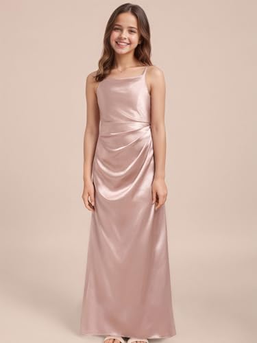 Silk Satin Junior Bridesmaid Dresses for Wedding A-Line Straps Pleated Sleeveless Long Flower Girl Dress4
