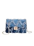 QWINEE Women's Distressed Denim Crossbody Bag Twist Lock Quilted Handbag Mini Jean Purse with Chain Strap Blue One-Size