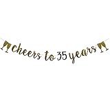 Cheers to 35 Years Banner Gold and Black Glitter Paper Party Decorations for 35 TH Wedding...