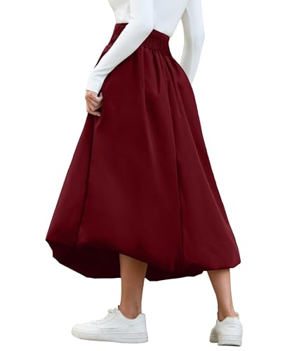 Women's Bubble Long Skirt Elastic Waist A-Line Pleated Ruffle Flowy Balloon Maxi Skirts with Pockets