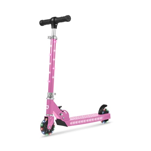 Jetson Jupiter Kick Scooter with LED Lights on Deck and Wheels Height Adjustable Handlebar and 4 Inch Wheels Easy Folding Mechanism Pink