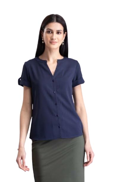 Image of FableStreet Women Formal Top | Asymmetrical Button Placket Band Collar Three-Quarter Sleeves | Pure Cotton Smooth Fabric for Office & Workwear