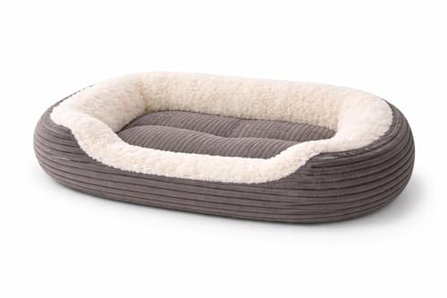raxter Pet Basket Dog Bed & Cat Bed with Soft Fleece Faux Fur Lining, Washable, Anti-Slip Base, Raised Sides, Brown & Grey (Grey, L)