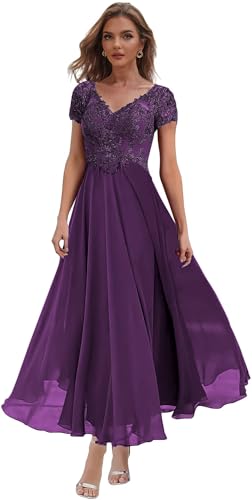 Tea Length Mother of The Bride Dresses with Sleeves V Neck Formal Dress for Women Lace Evening Gown