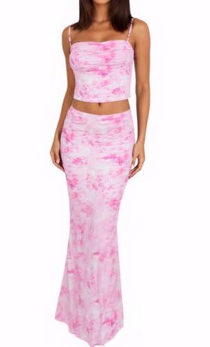 Image of Women High Stretchy Adjustable Strap Backless Floral Two Piece Maxi Skirt Set Summer Outfits 2026