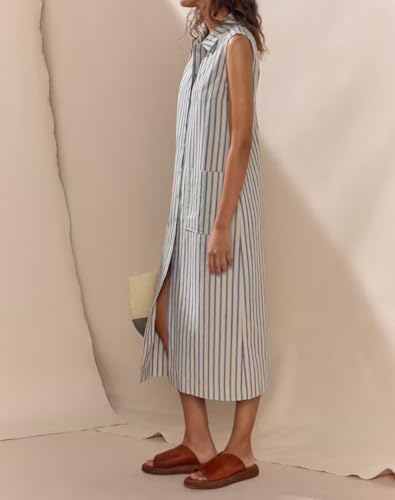 Image of Womens Spring Summer Button-Down Shirt Dress Cotton Striped Collared Tunics Sleeveless Tank Dress with Pocket