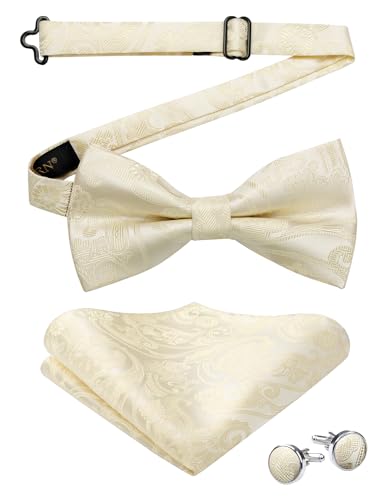 Image of HISDERN Bow Ties for Men Pre-Tied Bow Tie Floral Paisley Handkerchief Classic Formal Bowtie and Pocket Square Cufflinks Set