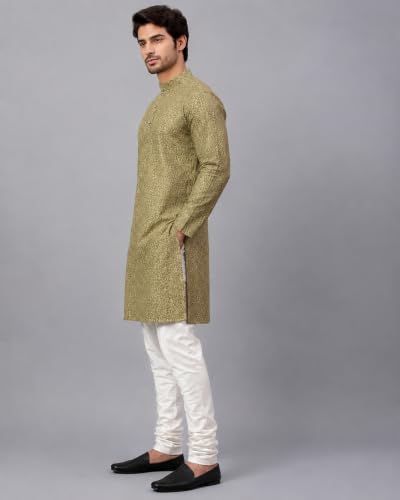 Image of LATEST CHIKAN Men's Silk Chikankari Kurta with Cream Churidar | Festive Set - KP Silk BANARSI