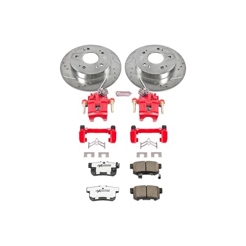 Image of PowerStop Rear Brake & Caliper Kit for Honda Prelude 1997-01 - Drilled & Slotted Disc Rotors + Carbon-Fiber Ceramic Brake Pads + Red-Powder Coated Calipers, KC1243B-26