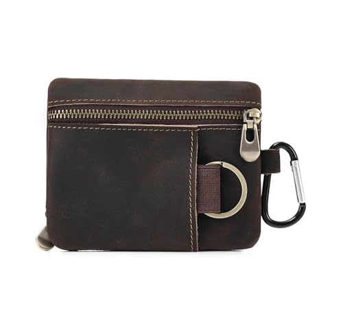 Men Genuine Top Grain Cow Leather Coin Purse with Key Ring & Clip. Retro Slim Minimalist Wallet Card Case (Coffee)