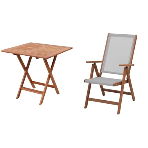 【セット買い】 ガーデンマスター(Gardenmaster) ガーデンテーブル 幅75×奥行75×高さ72cm 南洋材 パラソルホール付き MFT-88192 + 折りたたみガーデンチェア 2脚セット 幅62×奥行65×高さ105cm 木製 リクライニング