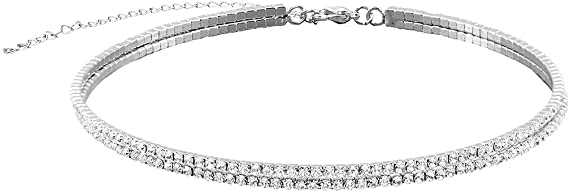 BSLVWGDouble Layer Rhinestone Choker Necklace Silver Diamond Row Necklaces Sparkly Crystal Necklace Chain Jewerly Fashion Minimalist Party Prom Accessories for Women and Girls