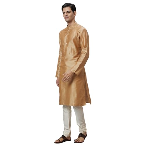 Image of Ethnix by Raymond Men Regular Fit Solid Pattern Solid Pure Polyester Full Sleeve Stand Collar Kurta Only