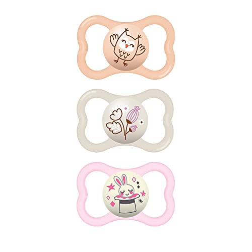 Image of MAM Air Night & Day Baby Pacifier, for Sensitive Skin, Glows in The Dark, 3 Pack, 6-16 Months, Girls, 3 Count (Pack of 1)