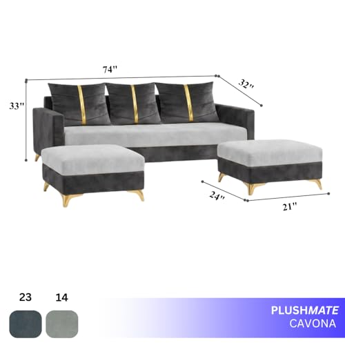 Image of Caviar 5 Seater L Shape Sofa Set with 2 Movable Ottomans | Flexible Layout | Luxury Velvet Suede Fabric | Modern Living Room Sofa | Dark Grey-Light Grey